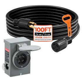 VEVOR 30 Amp Generator Cord and Power Inlet Box, 100 FT, 125/250V NEMA L14-30P to L14-30R Heavy Duty Extension Power Cord, SJTW 10AWG 7500W